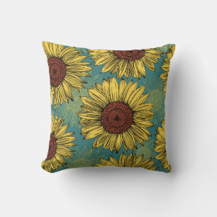 Hand-Drawn Sunflowers Mint Blue Cushion