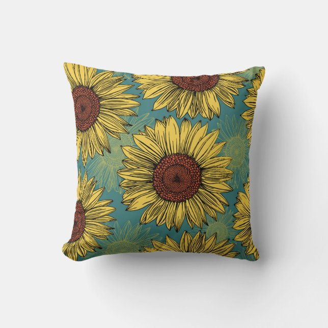 Hand-Drawn Sunflowers Mint Blue Cushion (Front)