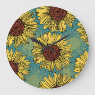 Hand-Drawn Sunflowers Mint Blue Large Clock