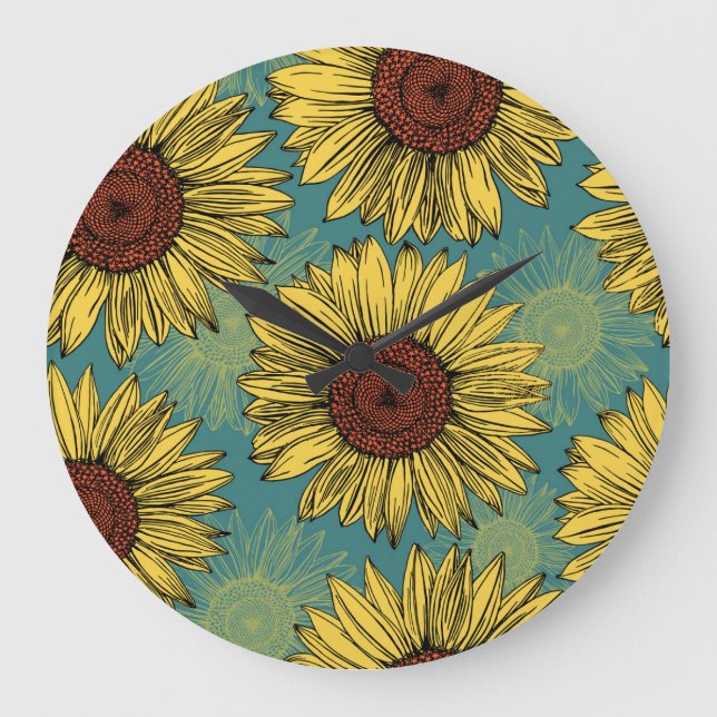 Hand-Drawn Sunflowers Mint Blue Large Clock (Front)