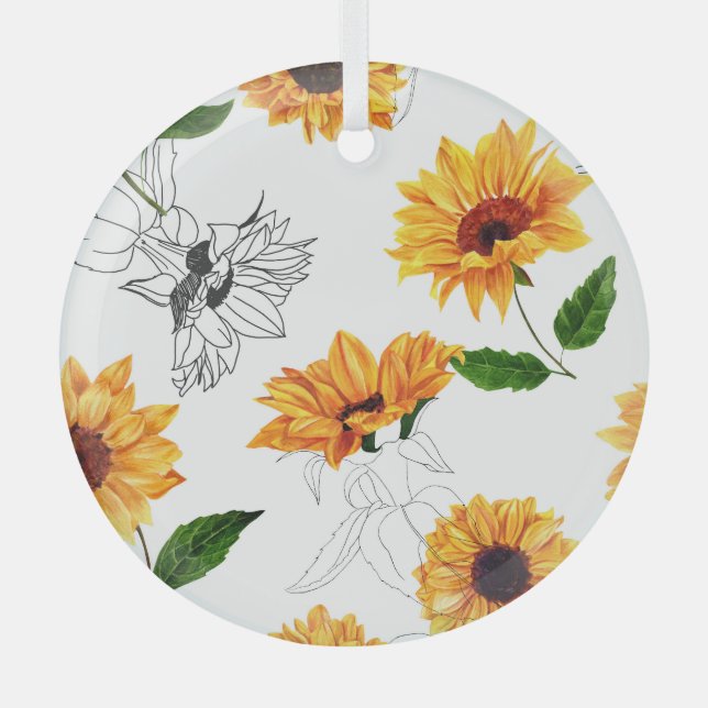 Hand-drawn sunflowers: vibrant yellow pattern. glass tree decoration (Front)