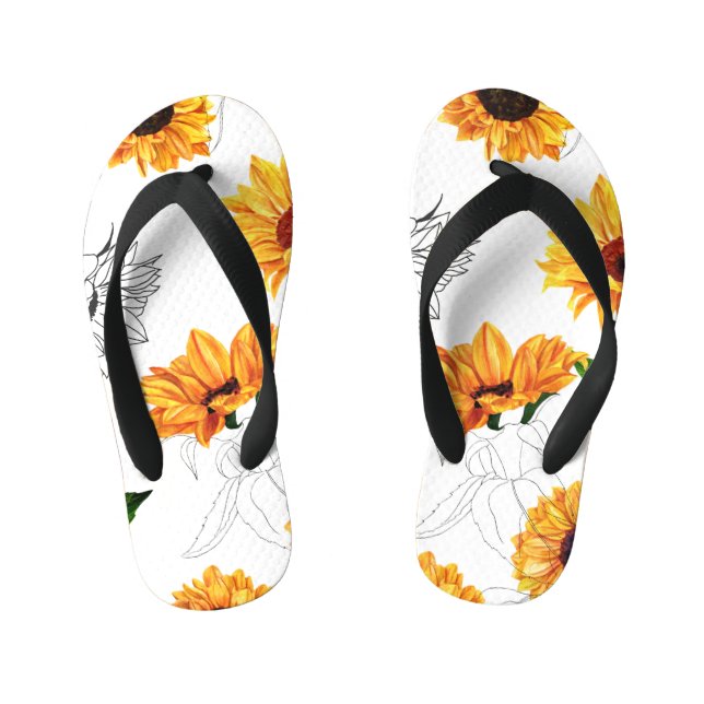 Hand-drawn sunflowers: vibrant yellow pattern. kid's flip flops (Footbed)