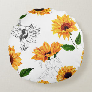 Hand-drawn sunflowers: vibrant yellow pattern. round cushion