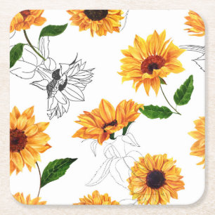 Hand-drawn sunflowers: vibrant yellow pattern. square paper coaster