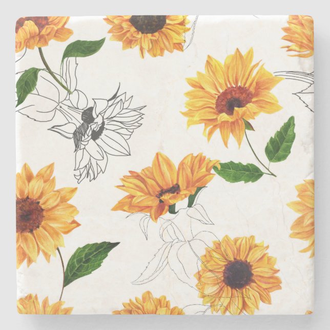 Hand-drawn sunflowers: vibrant yellow pattern. stone coaster (Front)
