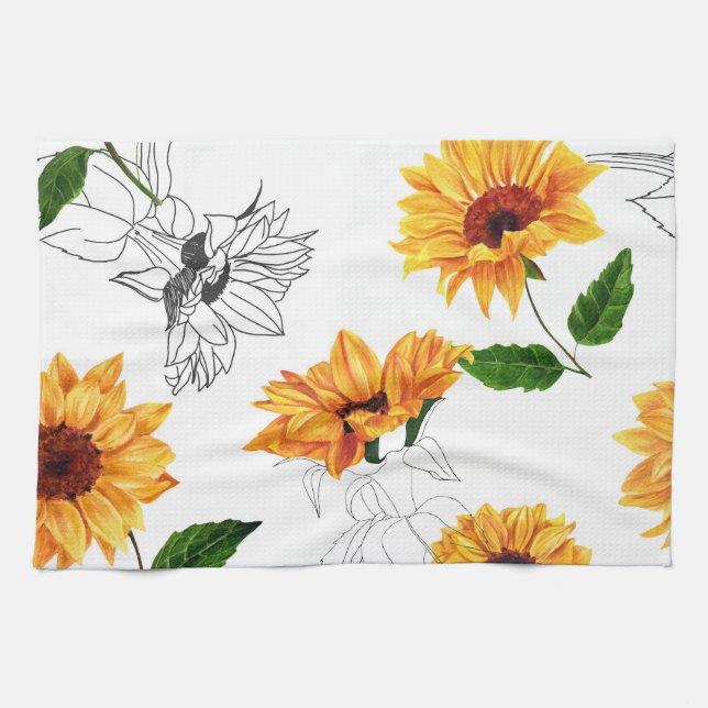 Hand-drawn sunflowers: vibrant yellow pattern. tea towel (Horizontal)