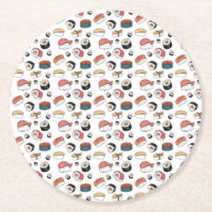 Hand-Drawn Sushi Mix Round Paper Coaster
