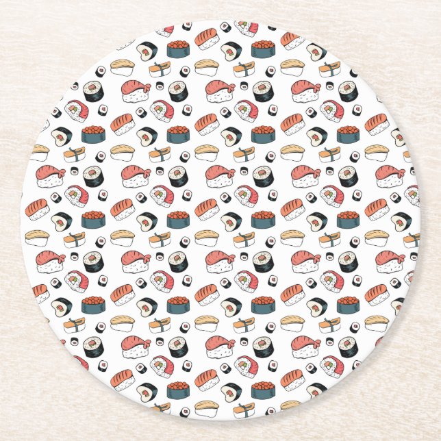 Hand-Drawn Sushi Mix Round Paper Coaster (Front)