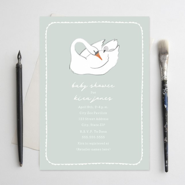 Hand Drawn Swan Mama & Baby Shower Green Girl Invitation (Creator Uploaded)