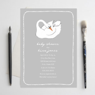 Hand Drawn Swan Mama & Baby Shower Grey Invitation