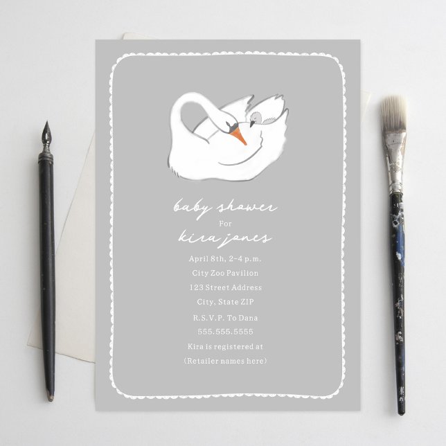 Hand Drawn Swan Mama & Baby Shower Grey  Invitation (Creator Uploaded)