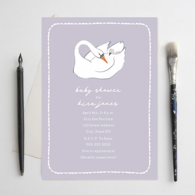 Hand Drawn Swan Mama & Baby Shower Lavender Invitation (Creator Uploaded)