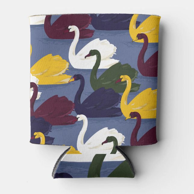 Hand-drawn swans, blue lake pattern. can cooler (Front)