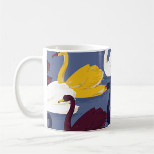 Hand-drawn swans, blue lake pattern. coffee mug