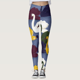 Hand-drawn swans, blue lake pattern. leggings