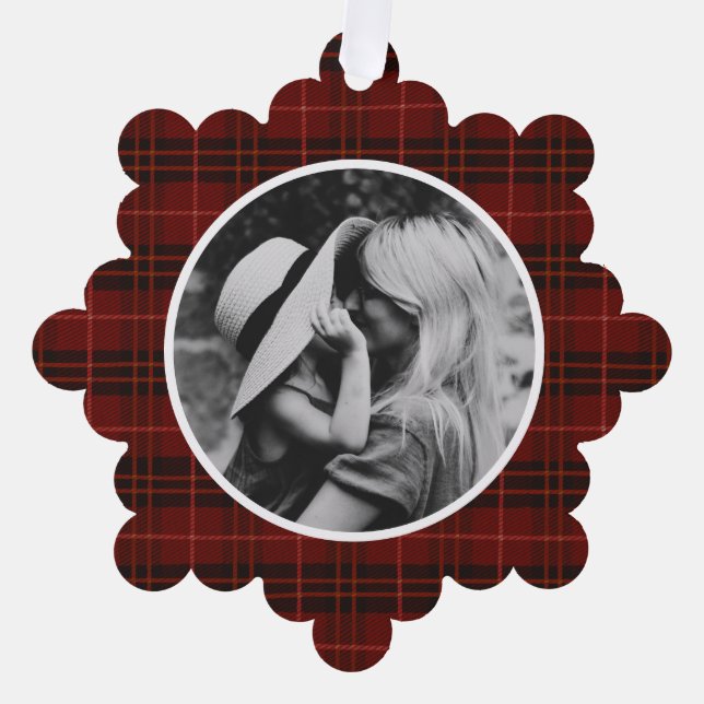 Hand Drawn Tartan Red Plaid Photo Tree Decoration Card (Front)