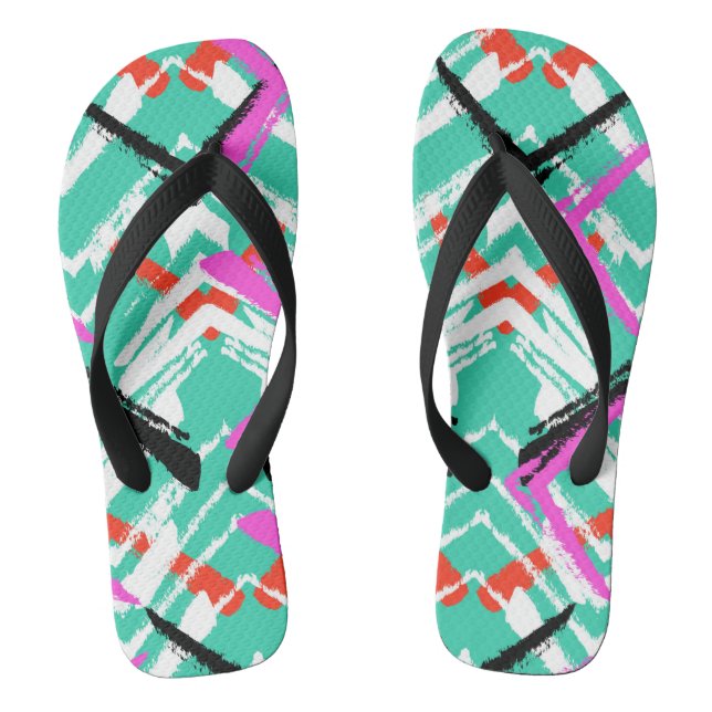 Hand Drawn Teal Zig Zag Pattern Flip Flops (Footbed)