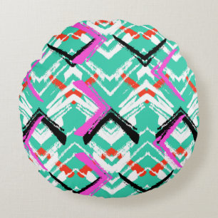 Hand Drawn Teal Zig Zag Pattern Round Cushion