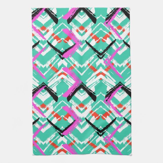 Hand Drawn Teal Zig Zag Pattern Tea Towel (Vertical)