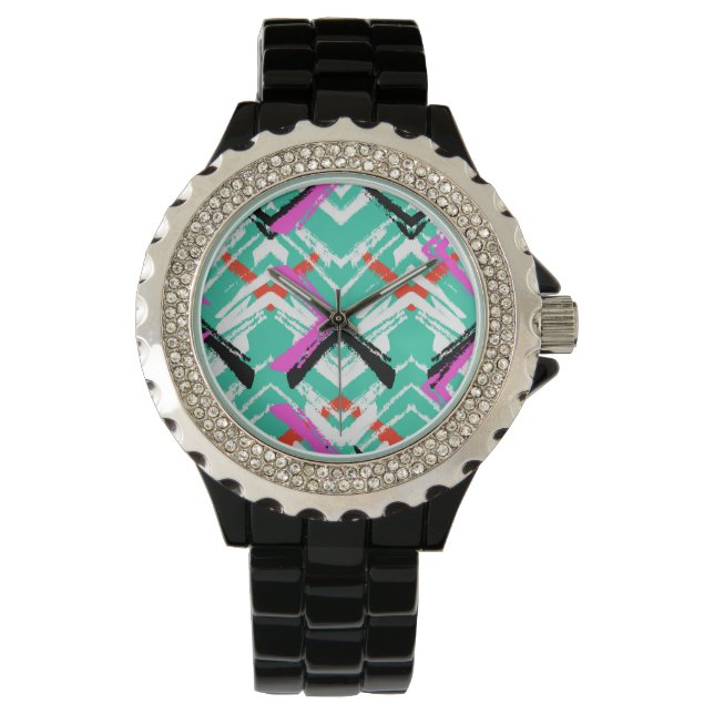 Hand Drawn Teal Zig Zag Pattern Watch (Front)