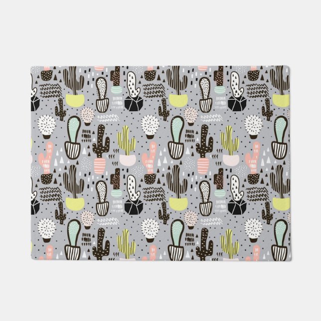 Hand Drawn Textured Cactus Pattern Doormat (Front)