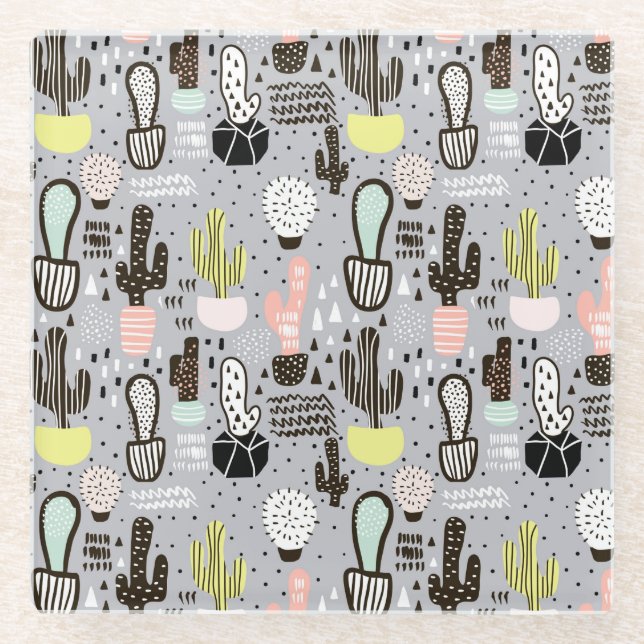 Hand Drawn Textured Cactus Pattern Glass Coaster (Front)