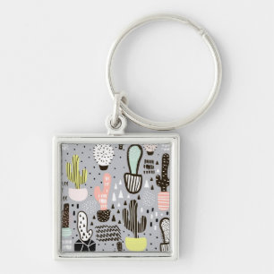 Hand Drawn Textured Cactus Pattern Key Ring