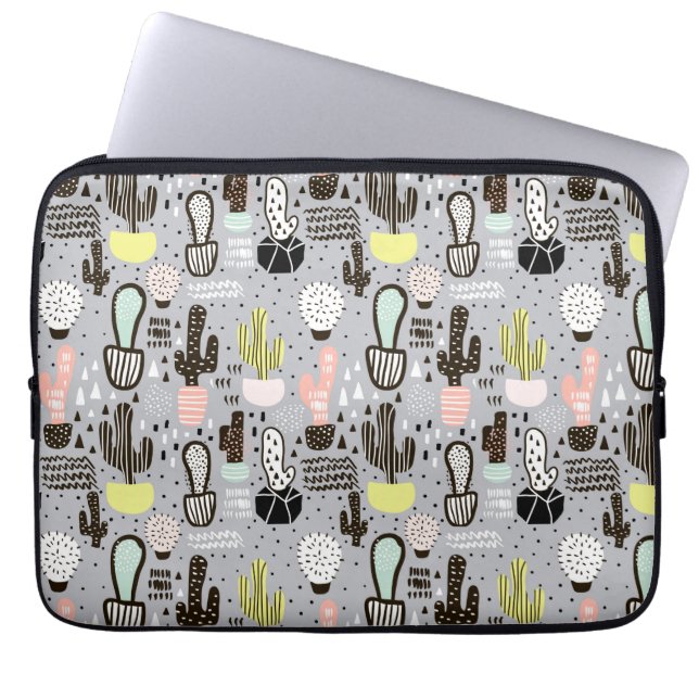 Hand Drawn Textured Cactus Pattern Laptop Sleeve (Front)