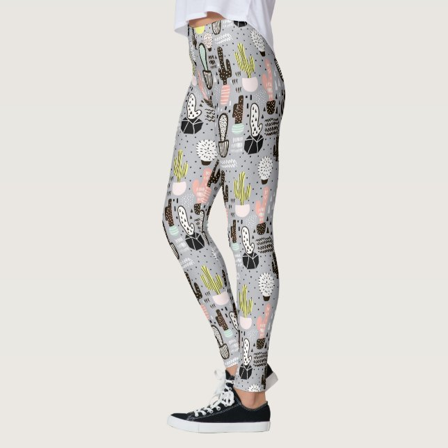 Hand Drawn Textured Cactus Pattern Leggings (Left)
