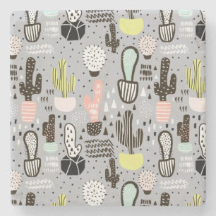 Hand Drawn Textured Cactus Pattern Stone Coaster