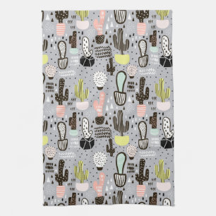 Hand Drawn Textured Cactus Pattern Tea Towel