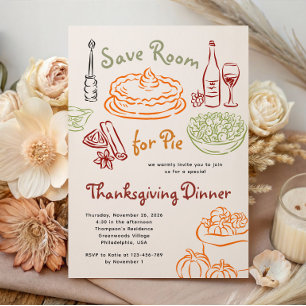 Hand drawn Thanksgiving Dinner Save Room for Pie Invitation