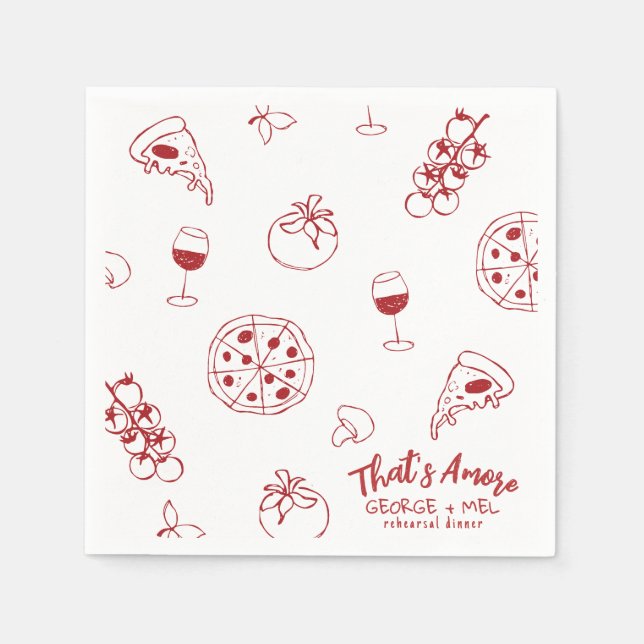 Hand Drawn Thats Amore Pizza Wine Rehearsal Dinner Napkin (Front)