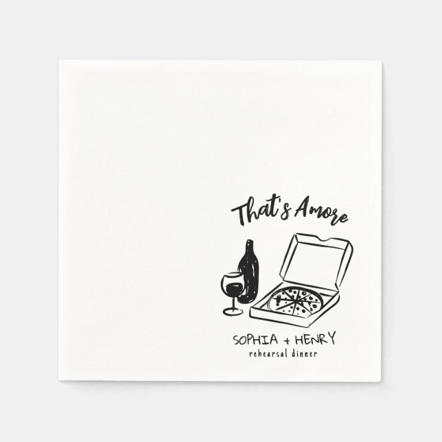 Hand Drawn Thats Amore Pizza Wine Rehearsal Dinner Napkin (Front)