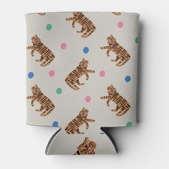 Hand-drawn tiger, polka dots: vibrant pattern can cooler (Front)