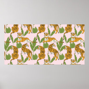 Hand drawn tiger seamless pattern, big cats in dif poster