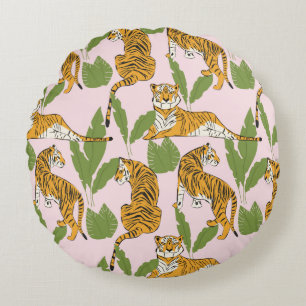Hand drawn tiger seamless pattern, big cats in dif round cushion