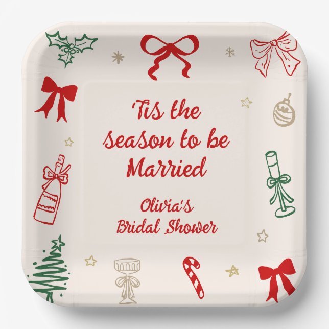 Hand Drawn Tis the Season Christmas Bridal Shower  Paper Plate (Front)
