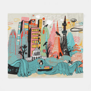 Hand Drawn Tokyo Japan Fleece Blanket