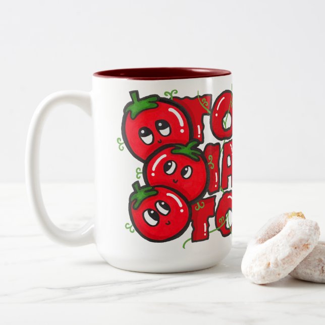 Hand-drawn Tomato Letter Stack Trio Two-Tone Coffee Mug (With Donut)