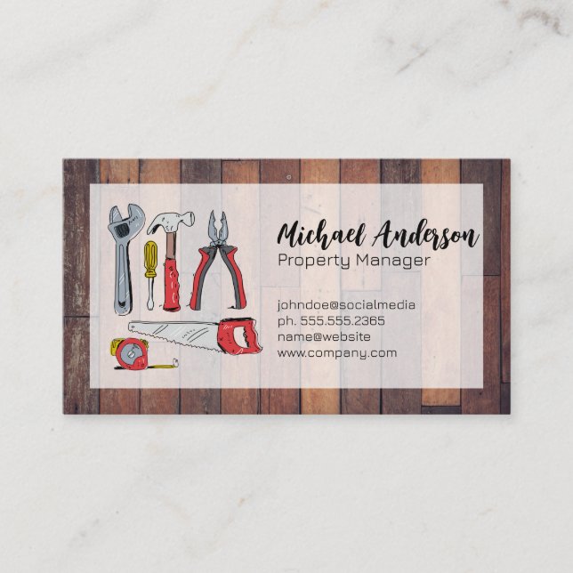 Hand Drawn Tools | Wooden Boards Business Card (Front)