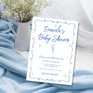 Hand Drawn Trendy Blue Flowers Baby Boy Shower Invitation