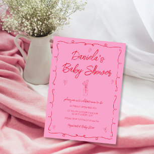 Hand Drawn Trendy Pink & Red Baby Girl Shower Invitation