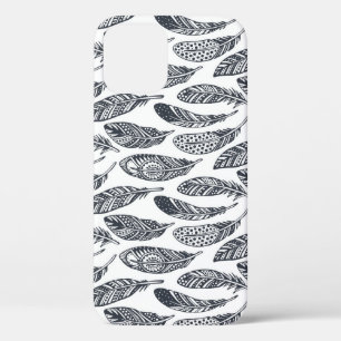 Hand-drawn tribal feathers, vintage pattern. iPhone 12 case