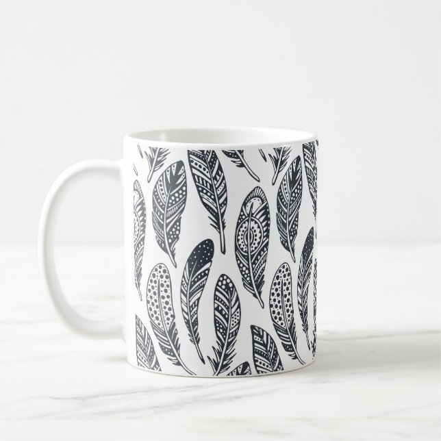 Hand-drawn tribal feathers, vintage pattern. coffee mug (Left)