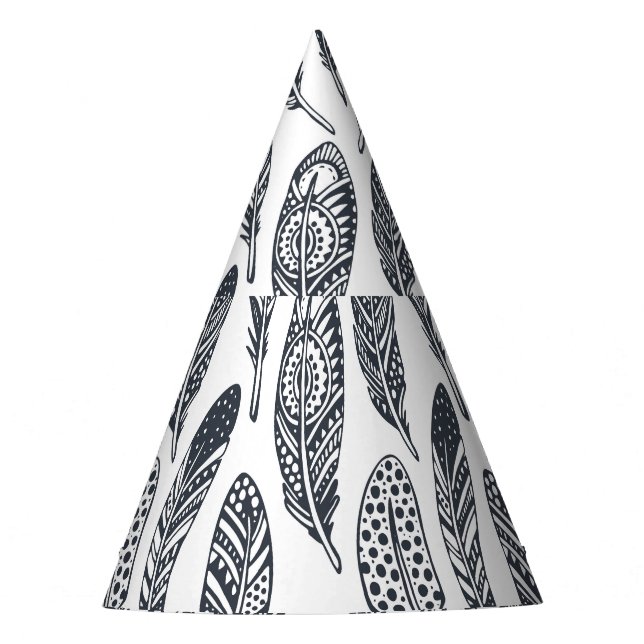 Hand-drawn tribal feathers, vintage pattern. party hat (Front)