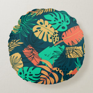 Hand drawn tropic flat pattern. Palm leaves backgr Round Cushion
