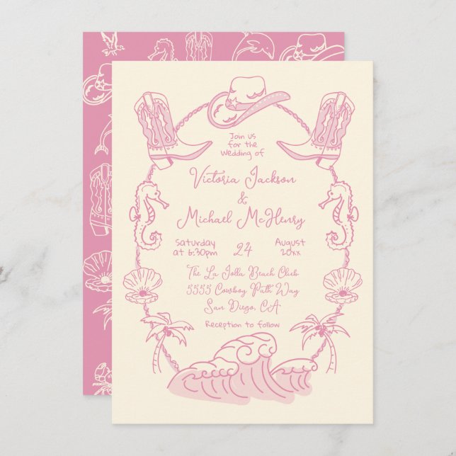 Hand drawn Tropical Coastal Cowboy Beach Wedding Invitation (Front/Back)