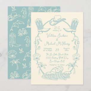 Hand drawn Tropical Coastal Cowboy Beach Wedding Invitation