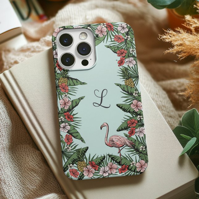 Hand-Drawn Tropical Flamingo Initial Case-Mate iPhone Case (Colorful Tropical Monogrammed Design. Flamingo, Hibiscus, Jasmine Flowers, Pineapples and Leaves.)